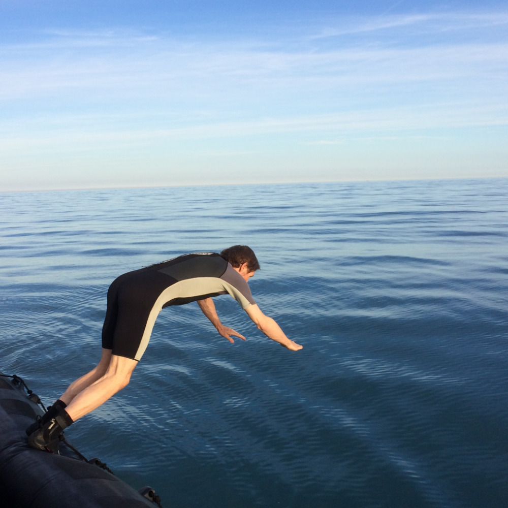 someone diving off the open deck of the 8 meter powerboat 